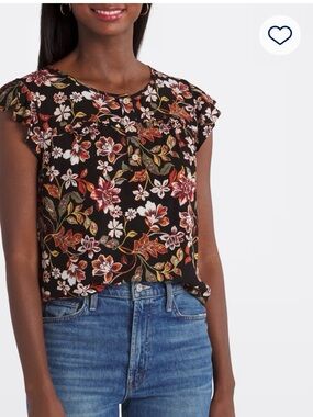 Fortune + Ivy Black Floral Button-Front Flutter Sleeve Blouse
